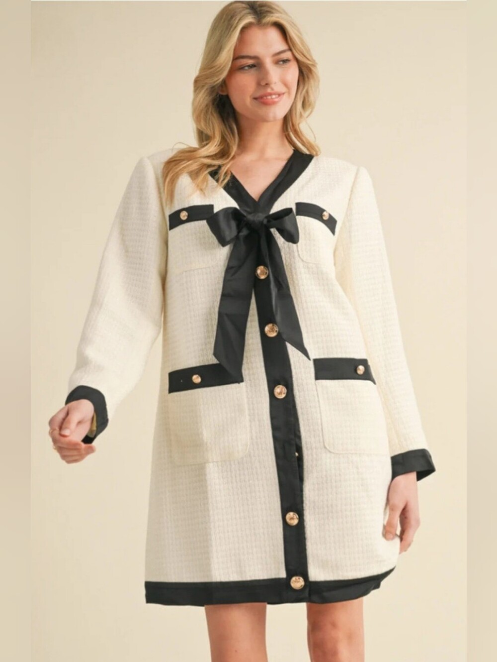 NWT JODIFL Tweed White With Black Trim And Gold Buttons Front Bow Dress